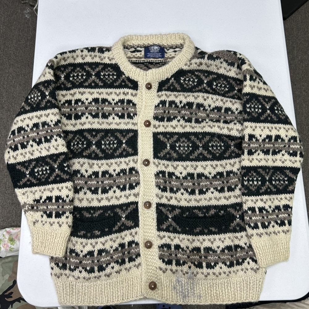 Pole To Pole Cardigan Sweater Mens XL Cream Black Wool Fair Isle Geometric E3